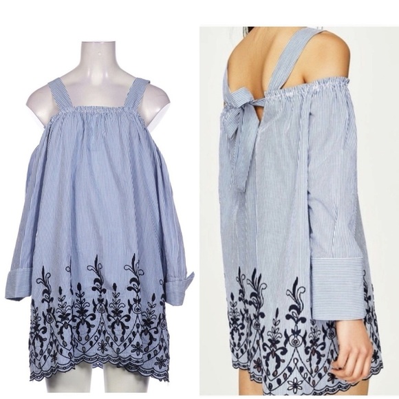 Zara Striped Floral Embroidered Shirt Mini Dress Long Sleeve Eyelets Victorian - Picture 1 of 13